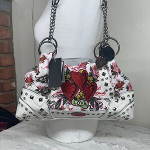Ed Hardy Studded Rhinestone Hearts Hobo Satchel Shoulder bag/ Hearts/Pink Roses